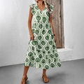 Abito lungo estivo bianco e verde con scollo a V, stampa floreale e gonna a balze - S / Verde