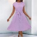 Elegant purple geometric print pleated dress with short sleeves and waist tie for summer - S / Dresses / Purple