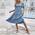 Light blue tiered midi dress with smocked bodice and flutter sleeves for summer style - S / Blue