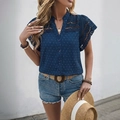 Navy blue short sleeve blouse with lace hollow detailing and V-neck button design - Navy Blue
