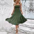 Deep green summer smocked midi dress with adjustable tie straps and tiered A-line skirt - S / Green