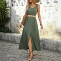 Sleeveless dark green maxi dress with front buttons and woven belt for summer - S / Army Green