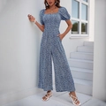 Tuta floreale blu navy con scollo quadrato, maniche a sbuffo e gamba larga fluida - S / Blu Reale