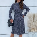 Navy blue long sleeve pleated dress with white polka dot print and waist tie belt - S / Navy Blue