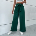 Pantaloni a gamba larga verde scuro a vita alta con cintura a fiocco e pieghe frontali - S / Verde Scuro