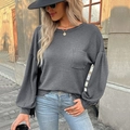 Dark grey waffle knit long sleeve top with pocket and loose fit casual style - Dark Gray