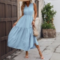 Sky blue sleeveless V-neck summer A-line dress with tiered skirt and button detail - S / Blue