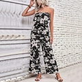 Schulterfreier Jumpsuit mit schwarz-weißem Blumenmuster und weitem Bein für Damen - S / Schwarz