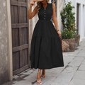 Robe longue noire élégante sans manches avec col en V, boutons et jupe à plusieurs niveaux - Noir