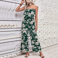 Dunkelgrüner schulterfreier Jumpsuit mit weitem Bein und cremefarbenem Blumendruck - S / Grün