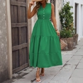 Emerald green V-neck sleeveless tiered maxi dress with button front for summer vacation - S / Green