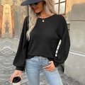 Women's black long sleeve waffle knit top with drop shoulder and chest pocket - Black