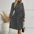 Black long-sleeved midi dress with white polka dot print and waist tie detail - S / Black