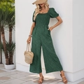 Green leopard print smocked romper with square neck and short puff sleeves - Dark Green