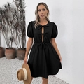 Elegant black puff sleeve mini dress with French vintage bow tie cutout design - S / Black