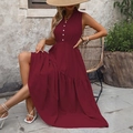 Deep wine red sleeveless V-neck tiered maxi dress with button details for summer - S / Burgundy