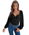 Slim fit black long sleeve bodysuit with chic sweetheart twist knot v-neck and lantern sleeves - S / Black