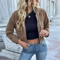 Women's brown corduroy cropped hoodie jacket with zip and pockets for autumn style - L / Khaki