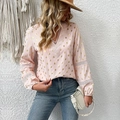 Rosafarbene Langarm-Chiffonbluse mit goldenen Punkten und weißen Spitzendetails am Ausschnitt - S / Rosa