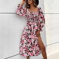 French style floral dress with long puff sleeves, square neck, and high side slit - XS / Black