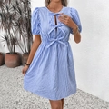 Blue and white striped puff sleeve dress with three front bow ties and high waist - S / Blue