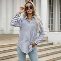 Chic grey striped button-down long sleeve shirt with lapel and pockets in outdoor setting - S / Gray