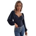 Women's black V-neck bodysuit with front twist knot design and long puff sleeves - S / Navy Blue