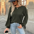 Women's long sleeve waffle knit top in dark olive green featuring a front chest pocket - Army Green