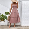 Smocked dusty rose sleeveless tiered maxi dress for women summer beach vacation - S / Pink