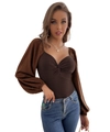 Slim fit dark brown V-neck bodysuit with front twist knot detail and long lantern sleeves - L / Coffee Brown