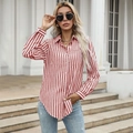 Red and white vertical striped long sleeve button-up shirt with classic lapel and front pocket - XL / Red