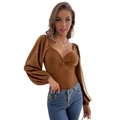 Brown velvet long sleeve bodysuit with twist knot V-neck and puff sleeves for women - S / Camel