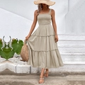 Robe longue bohème sans manches beige avec jupe plissée à plusieurs niveaux d'été - Abricot