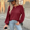 Long sleeve waffle knit top in burgundy featuring a pocket and lantern sleeves for women - Burgundy