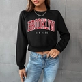 Sweat-shirt court noir pour femme avec imprimé Brooklyn New York rouge et manches longues - XS / Noir