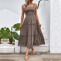 Robe longue d'été marron à volants avec bustier smocké et larges bretelles - Café