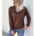 Women's dark brown long sleeve hoodie with buttoned neck and ribbed cuffs - S / Coffee Brown