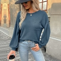 Blue waffle knit long sleeve top featuring a chest pocket and stylish drop shoulders - Haze Blue