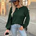 Dark green waffle knit long sleeve top with lantern sleeves and a square chest pocket - Dark Green