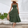 Army green tiered summer dress with smocking and thin straps for beach vacations - S / Green