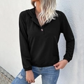 Women's black drawstring hoodie featuring a buttoned neckline and ribbed cuffs style - S / Black