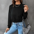 Women's black cropped long sleeve crewneck sweatshirt with ribbed cuffs and hem - XS / Black