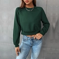 Short cropped dark green raglan sleeve sweatshirt with elastic hem and crew neck design - XS / Dark Green