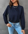 Women's casual navy blue cropped sweatshirt with crew neck and ribbed trim detail - Navy Blue