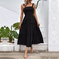 Robe longue noire à bretelles avec volants et encolure carrée pour les vacances d'été - Noir