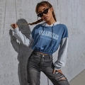 Detail of Los Angeles print on color-block cropped hoodie with elastic hem and hood - XS / Peacock Blue California Style (WY1061)