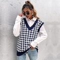 Retro gebreide spencer met V-hals en pied-de-poule patroon in donkerblauw en wit - S / Marineblauw