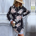 Women's black floral print longline hoodie dress with grey ribbed sleeve details - S / Black