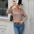 Slim fit long sleeve knit sweater in mauve with a buttoned wrap collar detail - S / Khaki