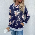 Women's navy blue floral hoodie with grey drawstring hood and ribbed cuffs in casual style - S / Navy Blue